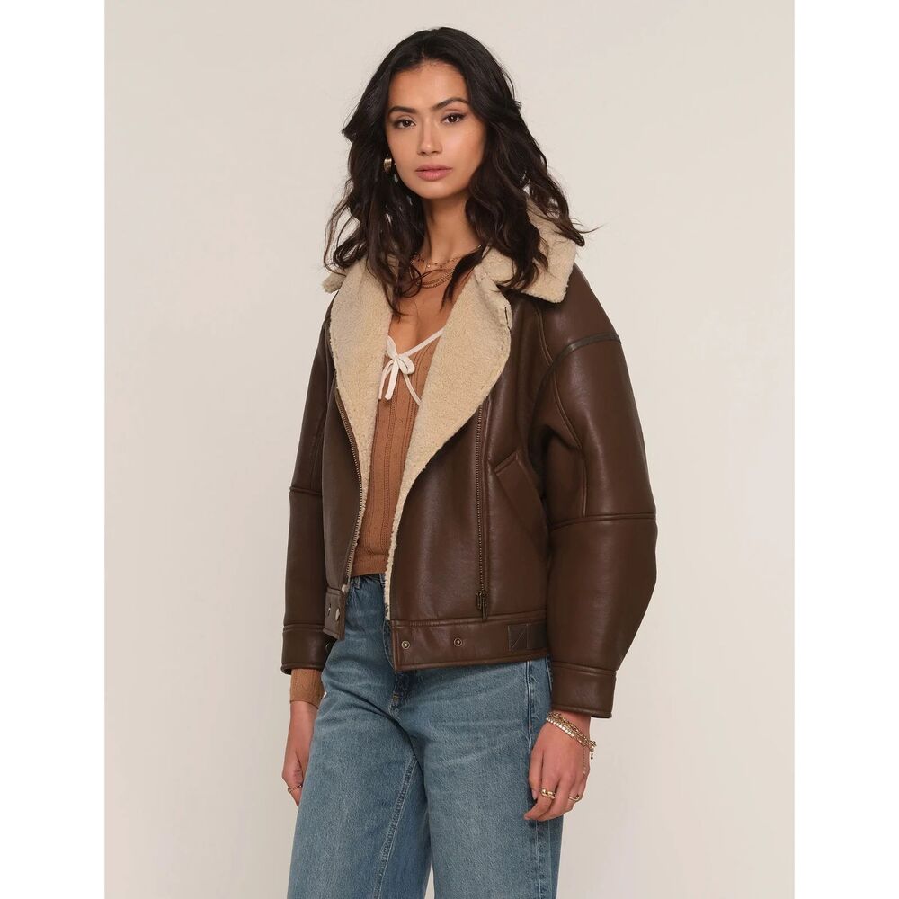 NWT Heartloom Shauna Jacket Walnut Brown Faux Leather Sherpa Moto Vest Size M